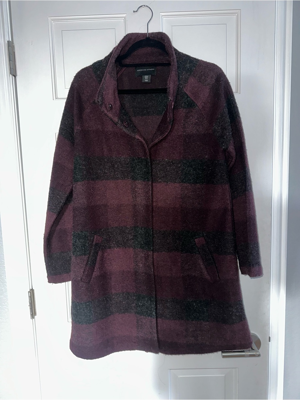 Adrienne Vittadini Wool Blend Striped Blanket Coat Burgundy Charcoal M